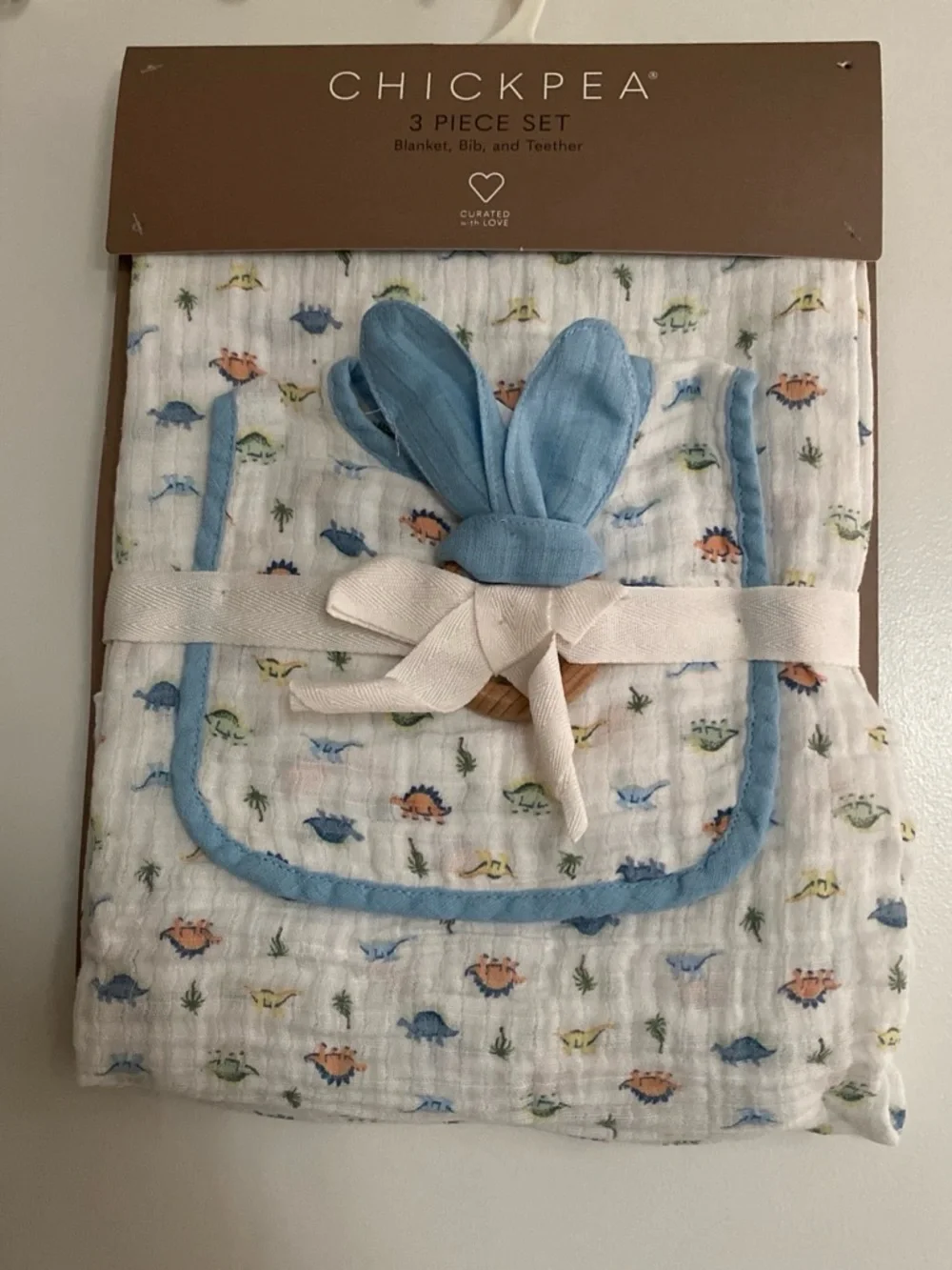 chick pea White Muslin Bib Set with Blue Trim and Multicolor Dino Print